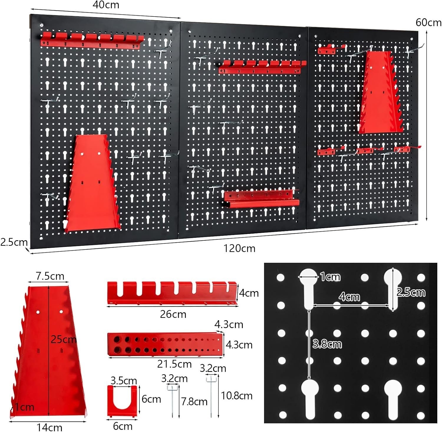 Wall-Mounted Tool Rack Organizer 3 Pegboards + 25 Hooks Black Red