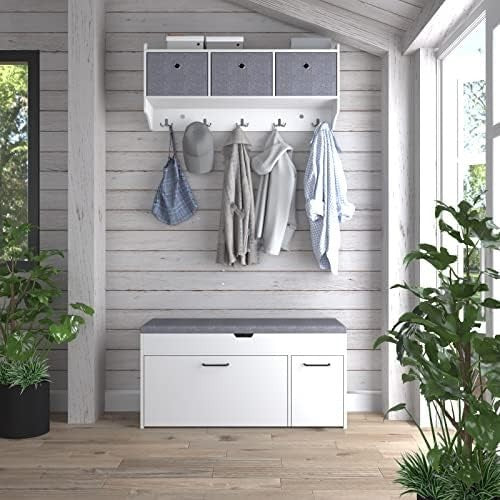 Modern Shoe Storage Bench Seat White Wood Flip Drawer Entryway Hallway Furniture