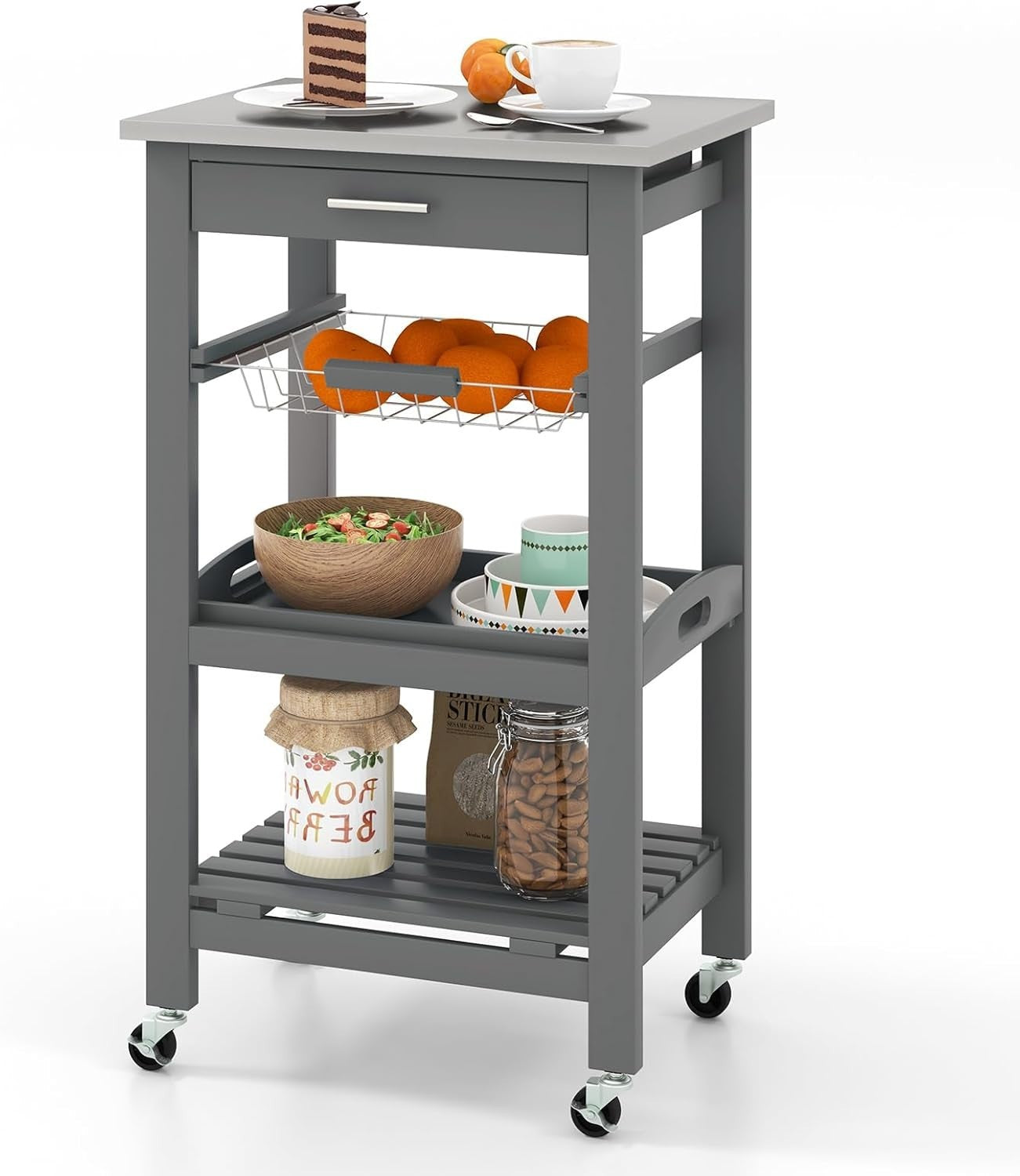 Kitchen Trolley on Wheels w/ Stainless Steel Top Drawer