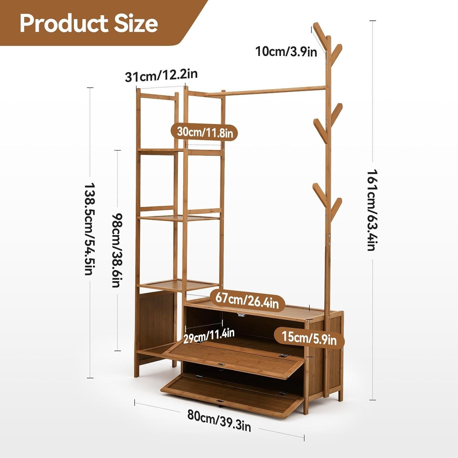 Bamboo Clothes Rail with Shelves & Hooks, Tea Wardrobe
