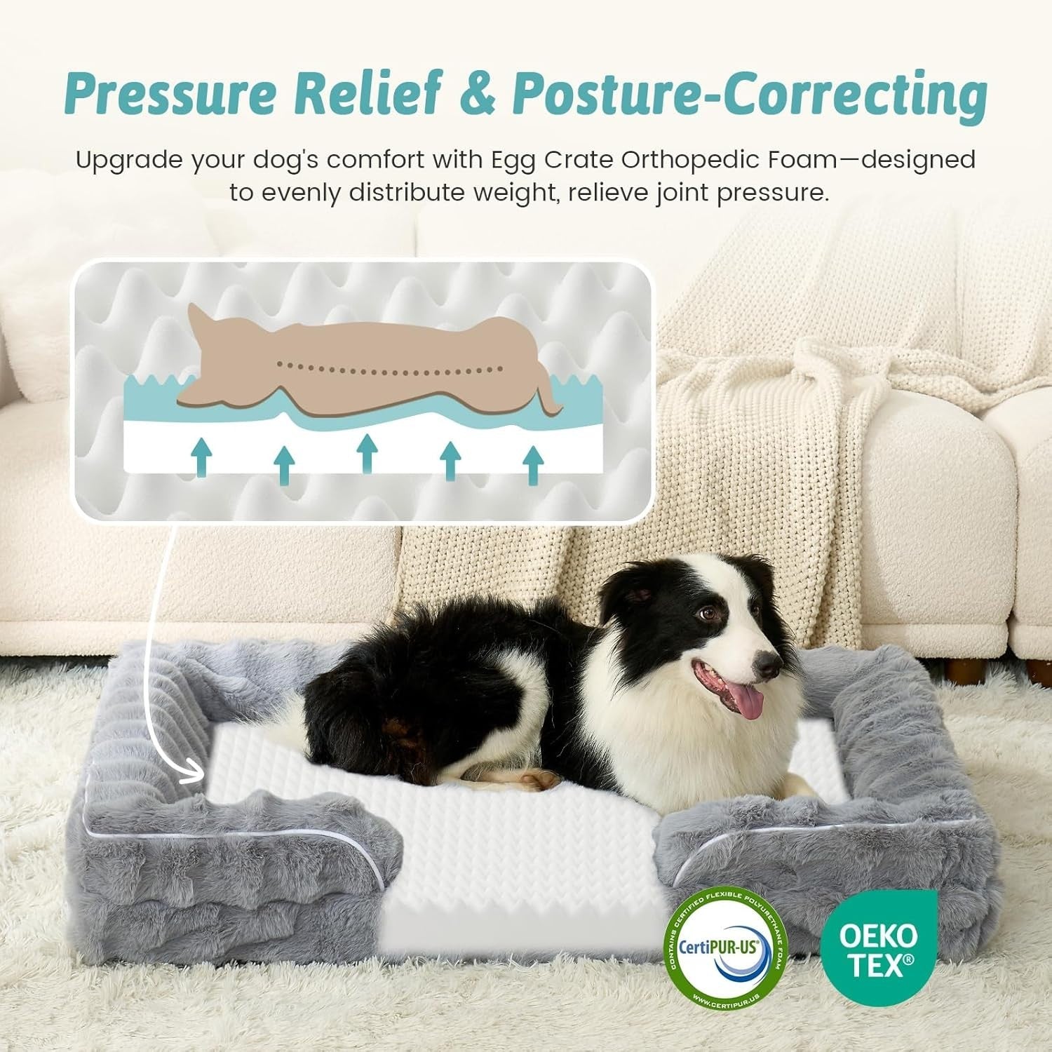 Orthopedic Dog Bed XXL 48x35x8 Faux Fur Bolster Washable