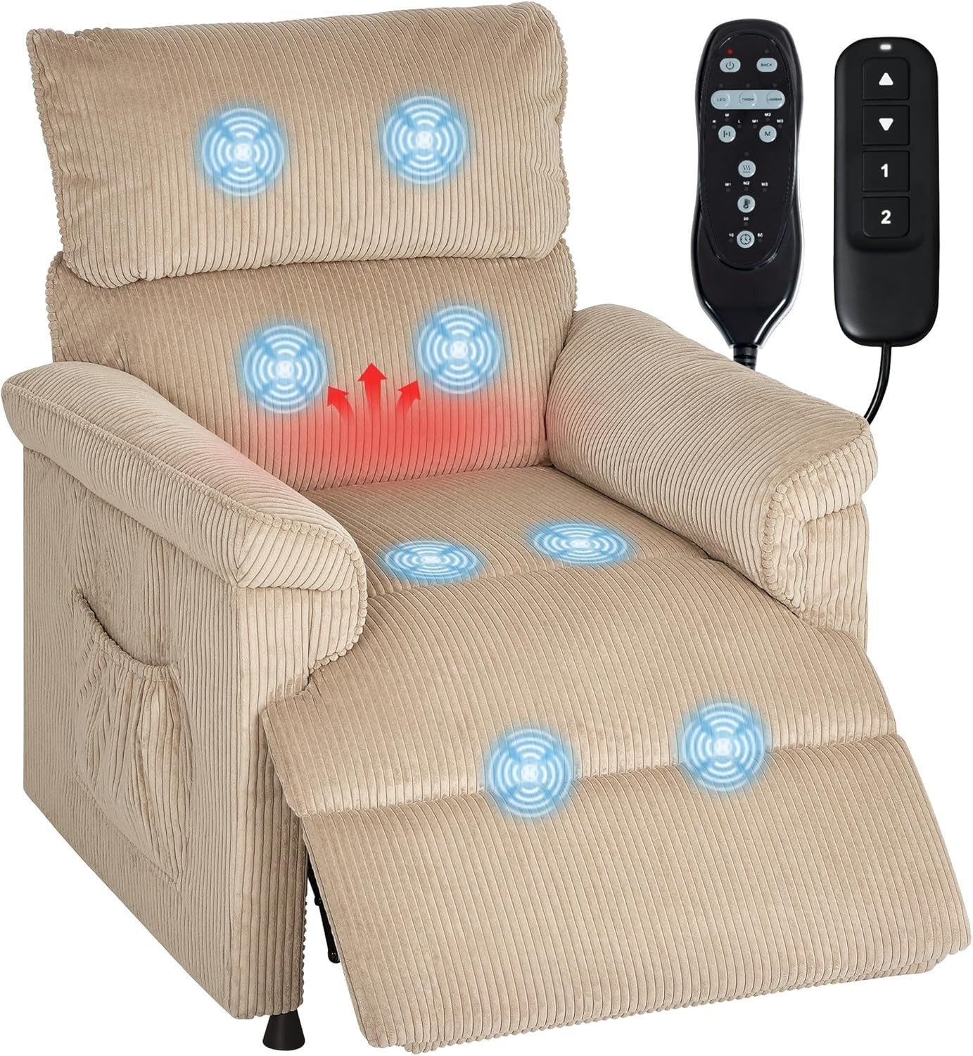 Electric Massage Recliner Chair Heat USB Corduroy Power Recliner Brown
