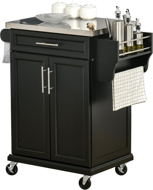 Movable Kitchen Island Cart with Stainless Steel Top, Storage Drawer & Wheels