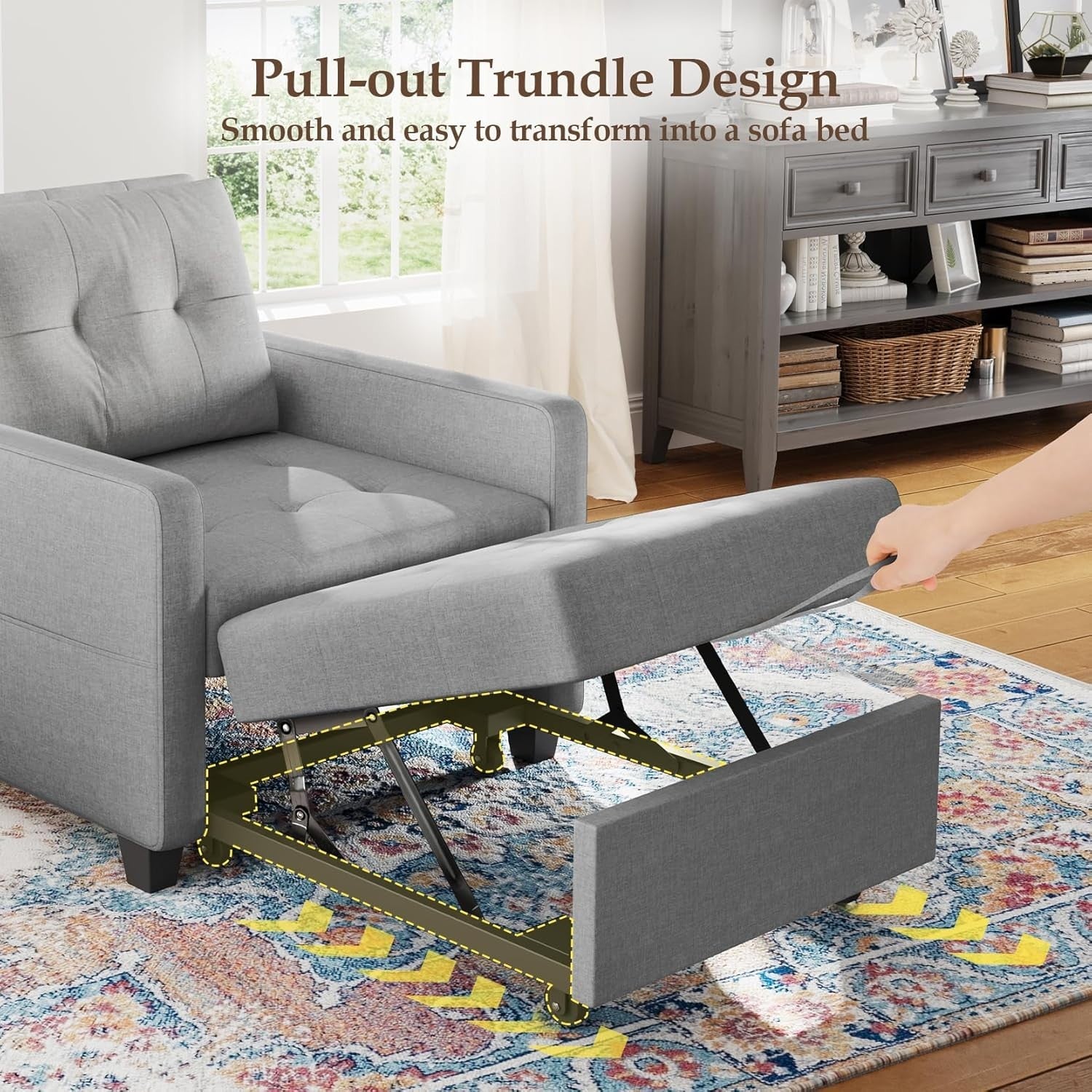 3-in-1 Sofa Bed Grey Single Chair Sleeper w/ Storage, Foldable & Adjustable