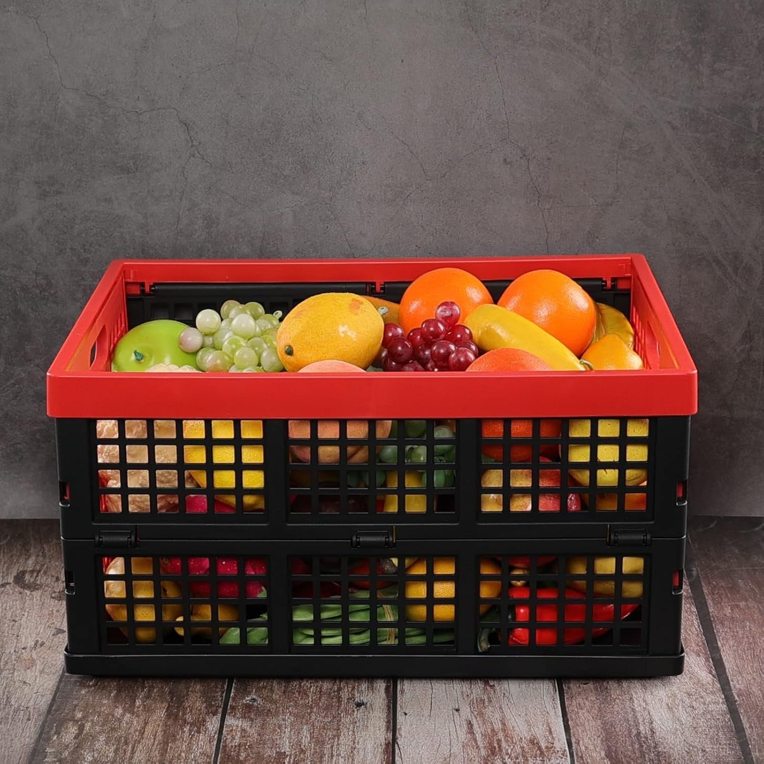 4 Pack 32L Folding Plastic Storage Crates Stackable 44.5x33.6x23cm Red