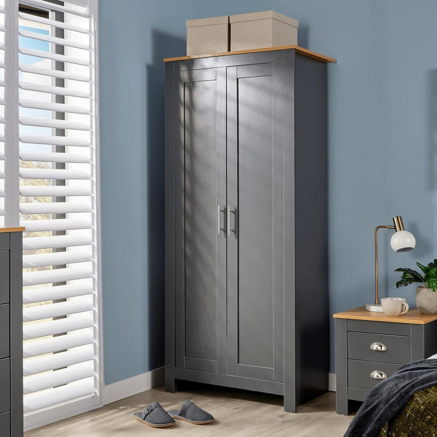 2 Door Dark Grey Wardrobe with Hanging Rail & Deep Storage Shelf