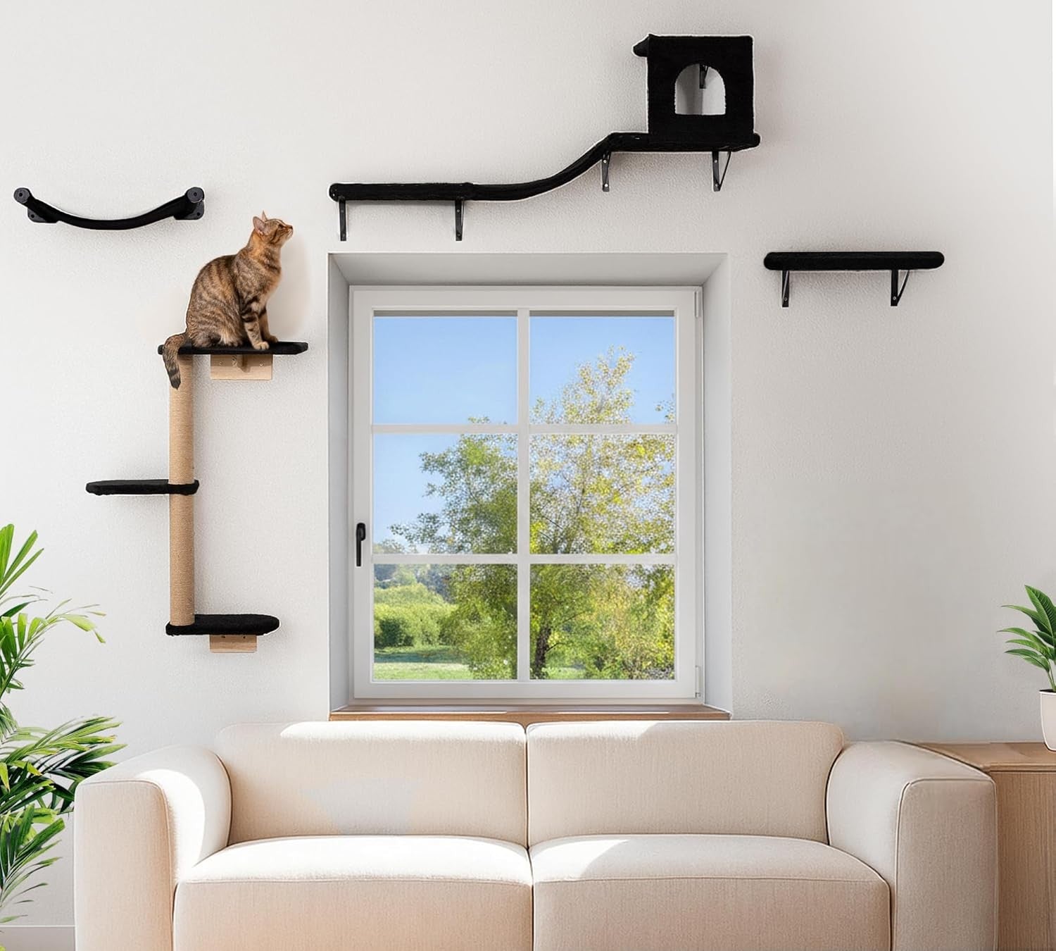 Cat Wall Shelves Set Wall Mounted Climbing Shelves Scratcher Hammock Condo