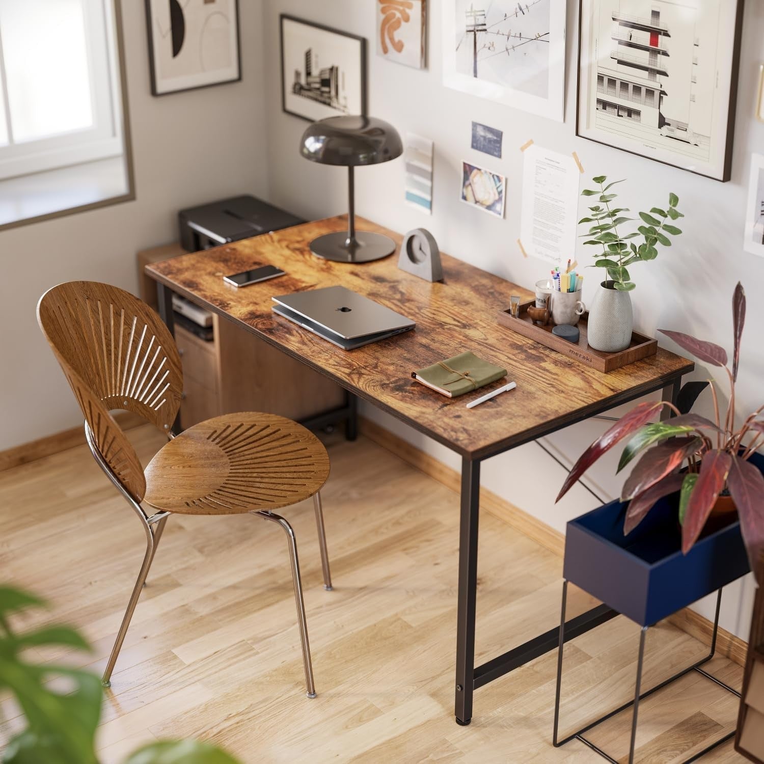 Modern Rustic Brown Computer Desk 80cm Alloy Steel Frame Home Office Table