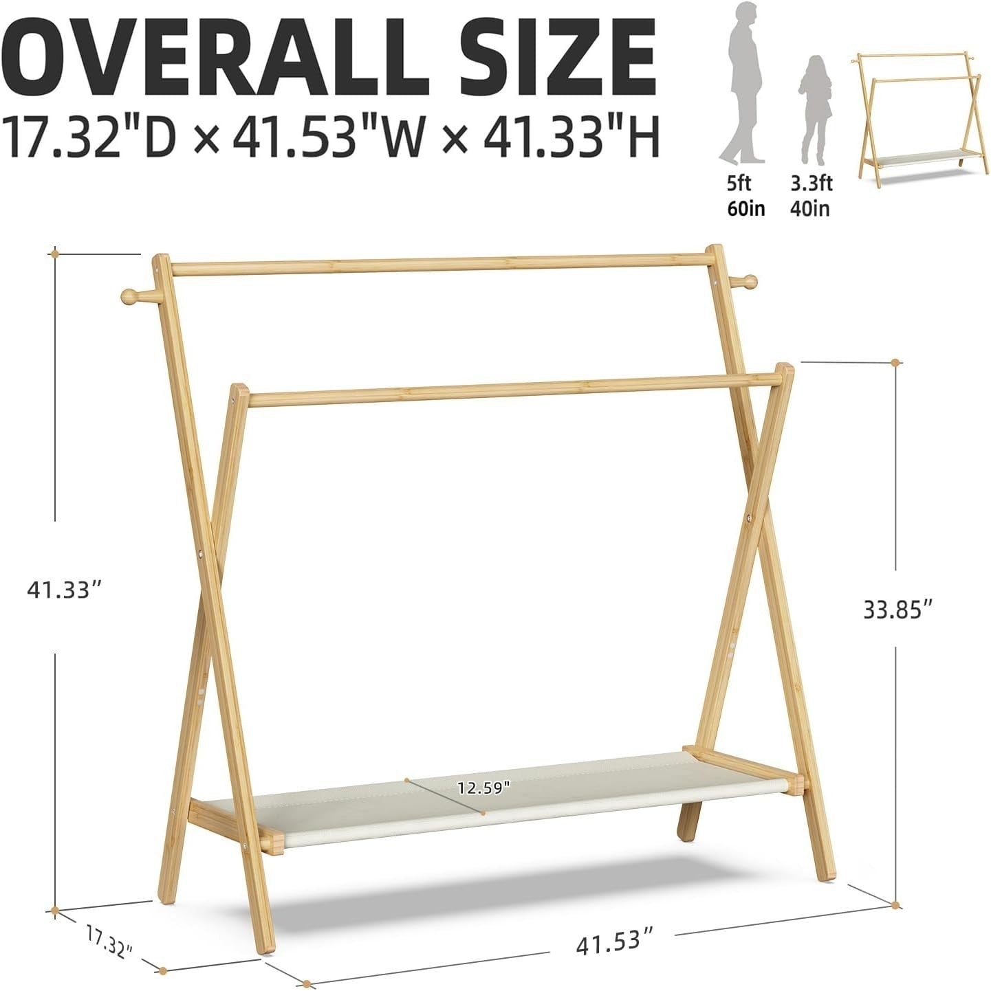 Large Bamboo Kids Clothing Rack Foldable Dress Up Rail with Shelf