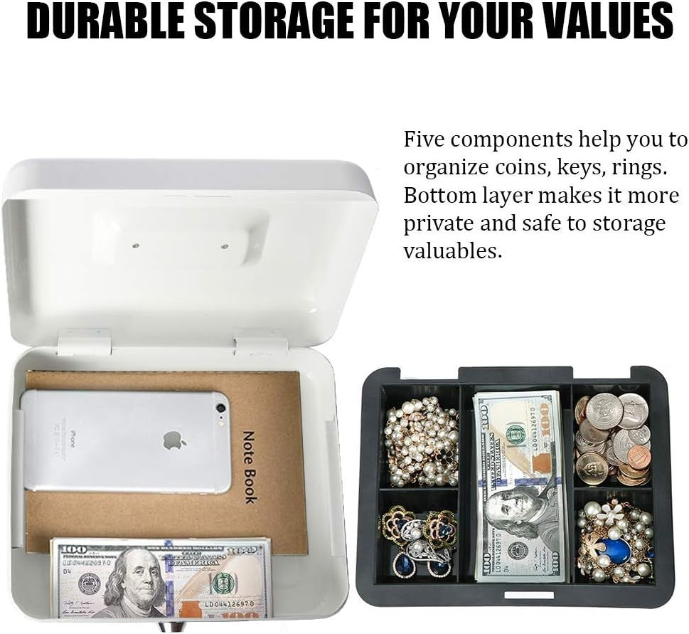 Lockable Cash Box Money Tray Coin Organizer Safe Box with Keys White