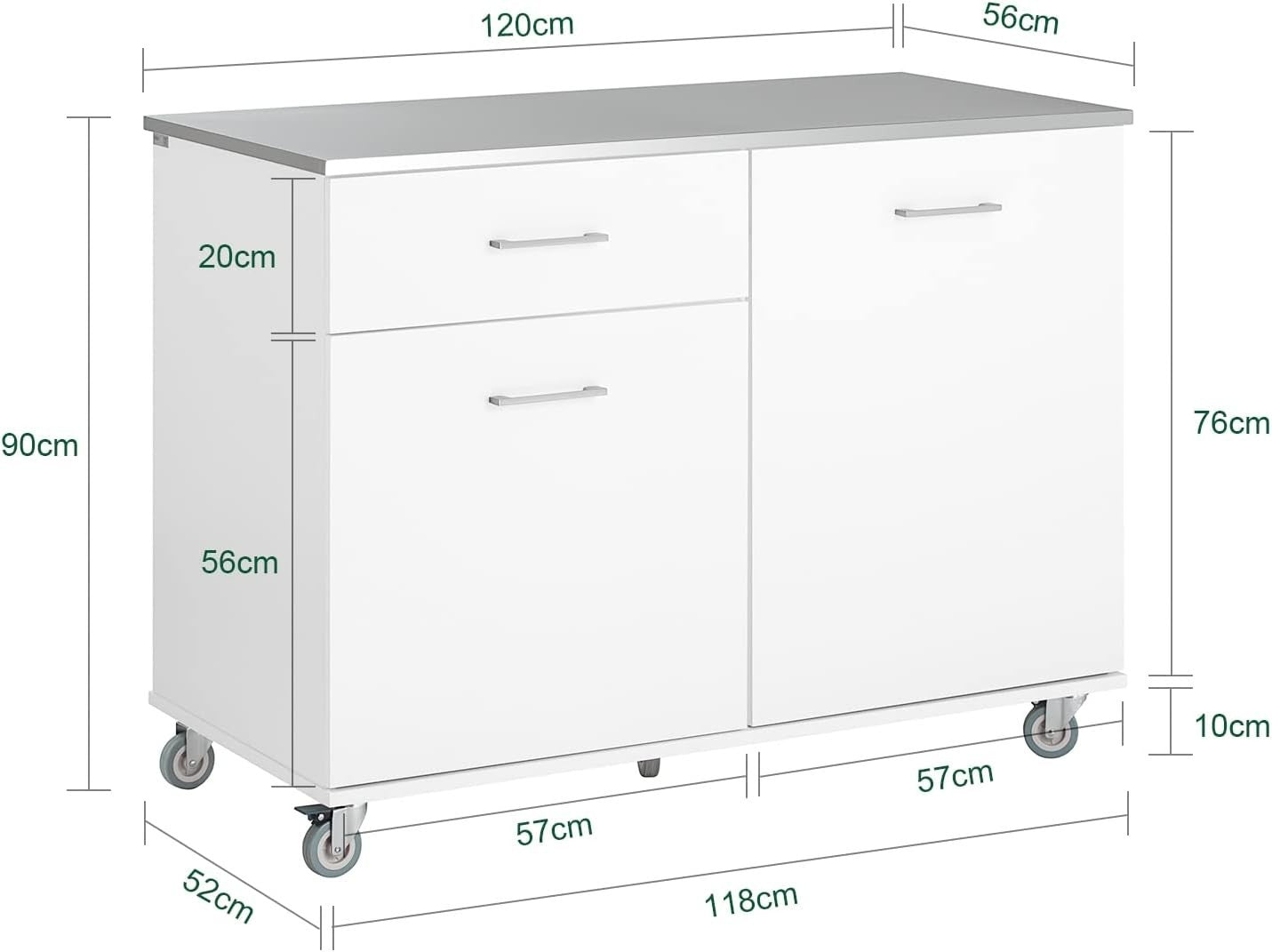 120cm White Rolling Kitchen Island Stainless Steel Top Cart