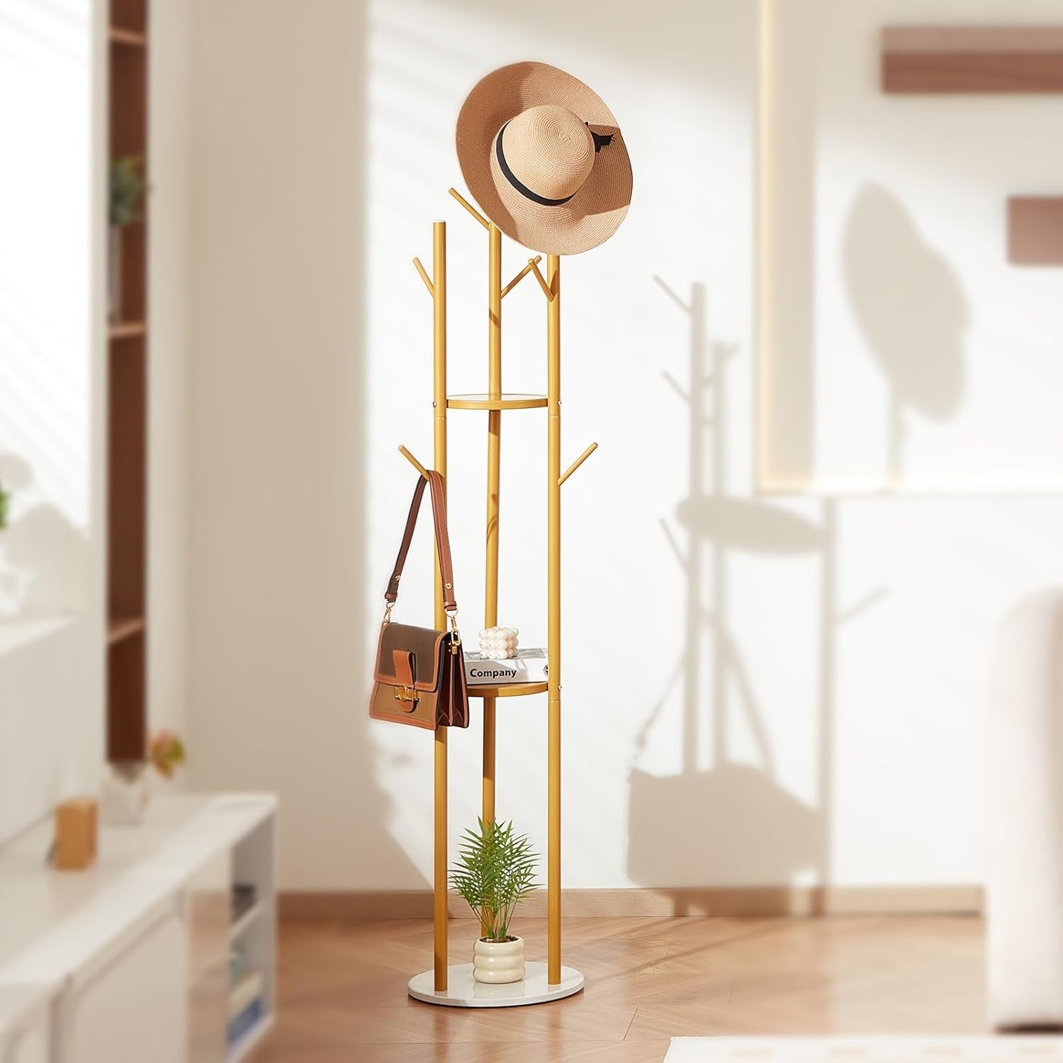 Freestanding Coat Rack with Quartz Stone Base | 9 Hooks Hall Tree Stand