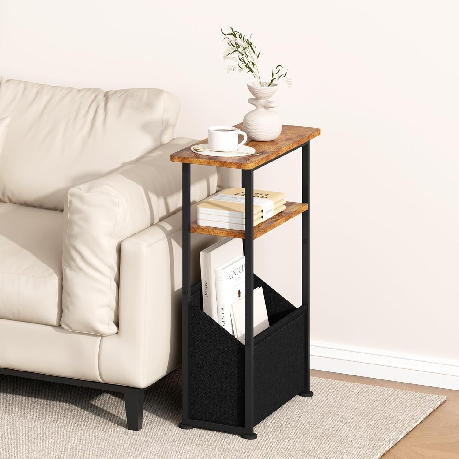 Rustic Narrow Side Table 3-Tier with Storage Basket – Slim Bedside Unit