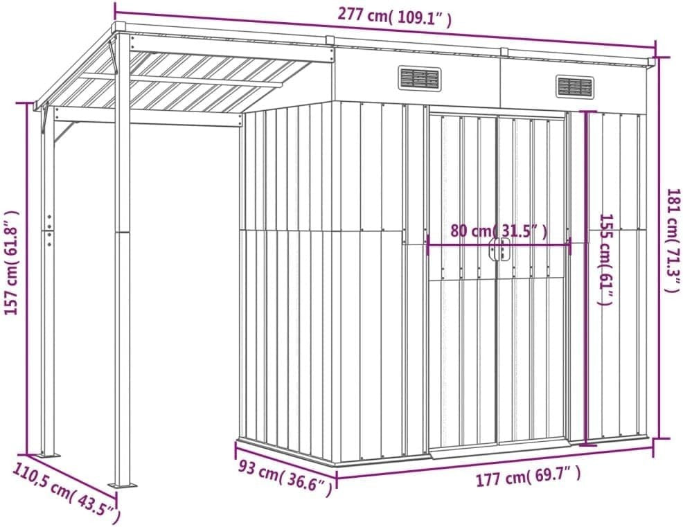 Metal Garden Shed 277x110.5x181cm Outdoor Tool Storage Extended Roof