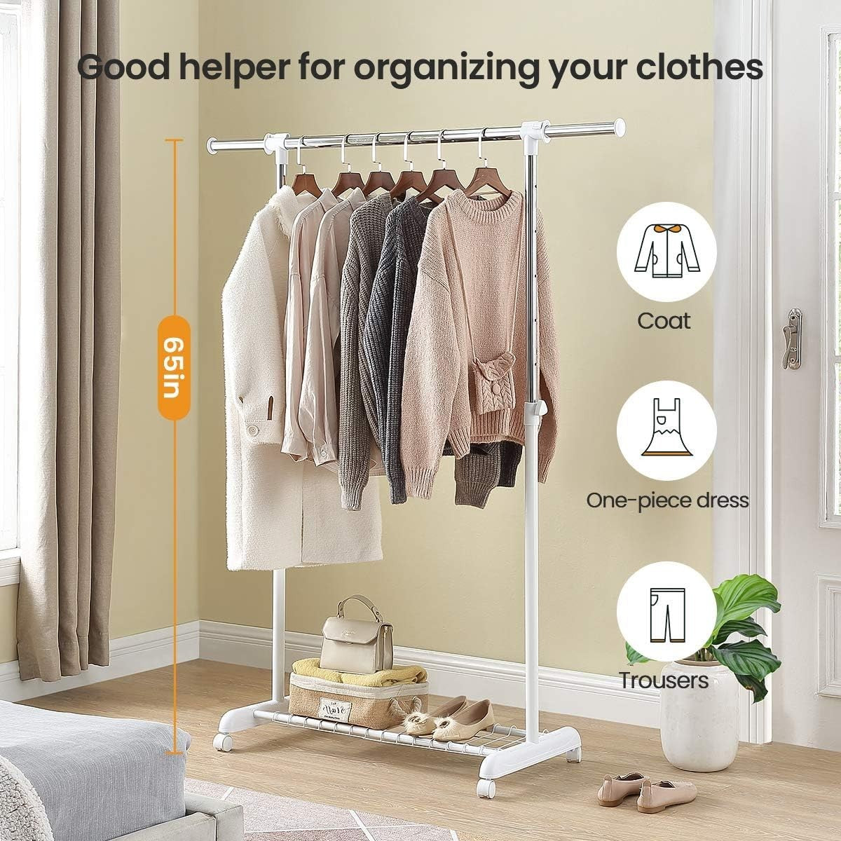 Heavy Duty Adjustable Clothes Rail with Wheels & Shelf – White