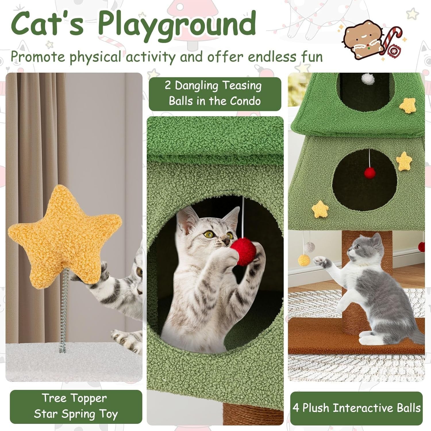 Christmas Cat Tree Tower 160cm Green Festive Multi-Level Condo Scratcher