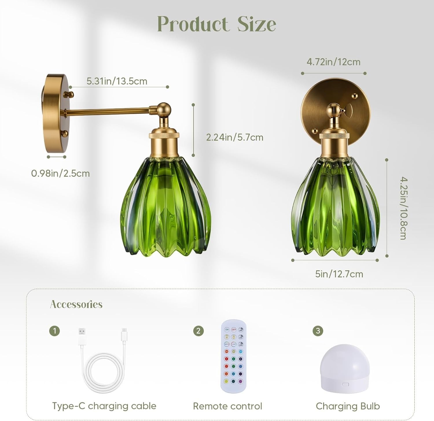 Vintage Wall Sconce Lights Set 2 Green Glass LED Wireless Dimmable Remote