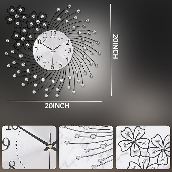 Large 50cm Silver Crystal Wall Clock Silent Modern Luxury Metal Round Decor