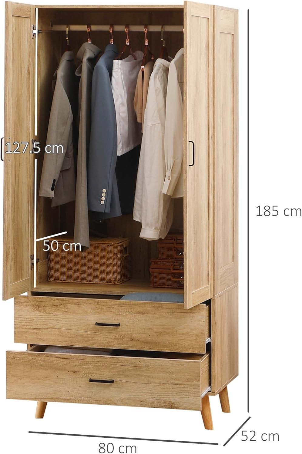Double Wardrobe with Drawers & Rail Bedroom Storage Cabinet Oak