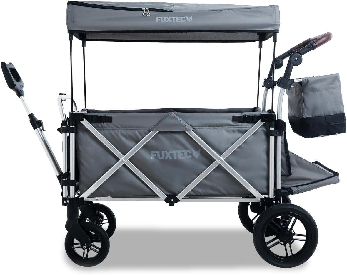 Grey All-Terrain 2-Seater Folding Kids Wagon Push Pull Stroller w/ Roof