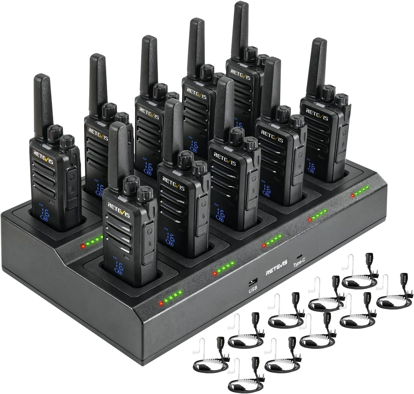 Professional Walkie Talkies 10 Pack PMR446 VOX USB-C w/ 10 Way Charger