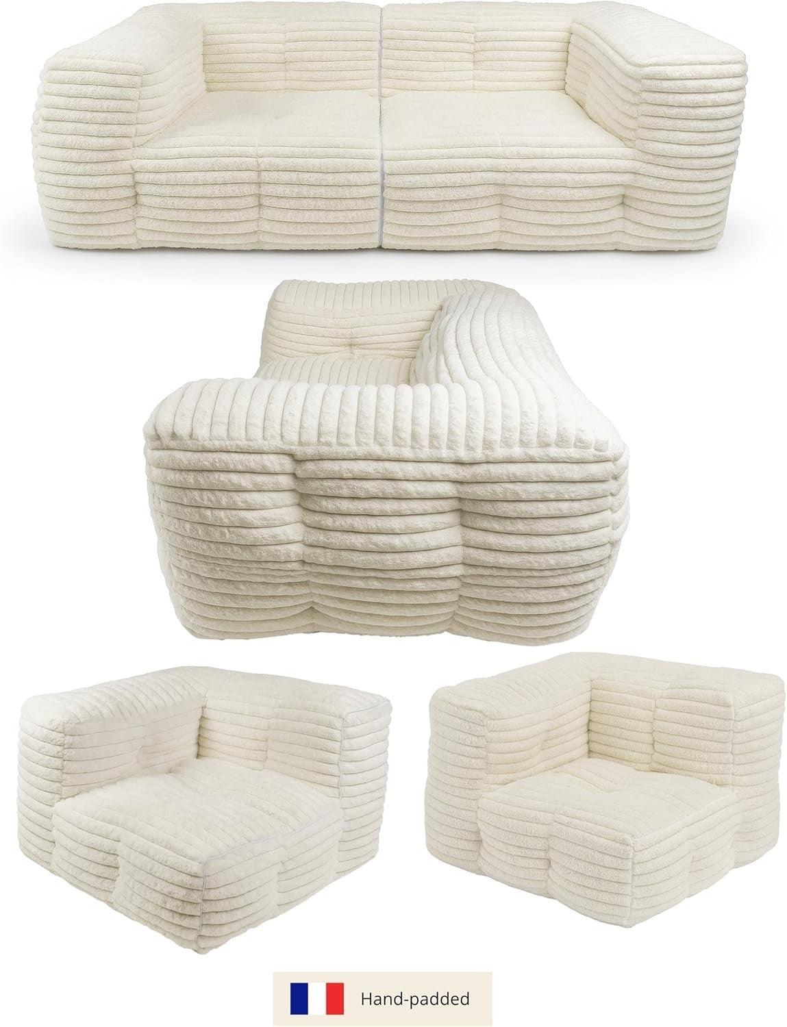 Modular 3 Seater Faux Fur Sofa Bed w/ Detachable Bean Bags, Soft & Plush