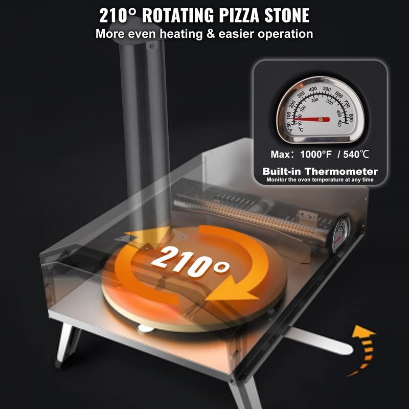 Outdoor Pizza Oven 12" Tri-Fuel BBQ, 210° Stone, Portable Grill