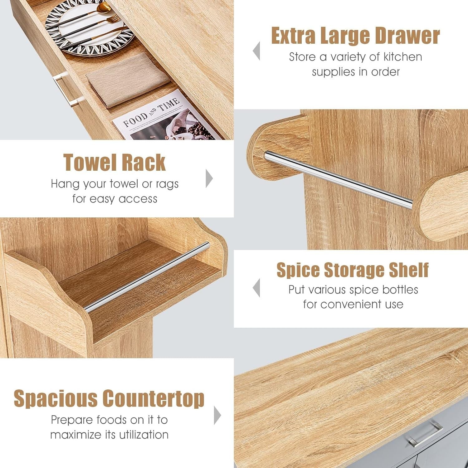Large Kitchen Island Trolley Drawer Cabinet 116cm Natural