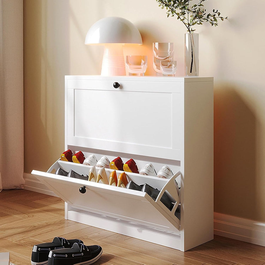 Slim 2-Drawer Vertical Shoe Cabinet with Adjustable Shelves, 80x24x80 cm White