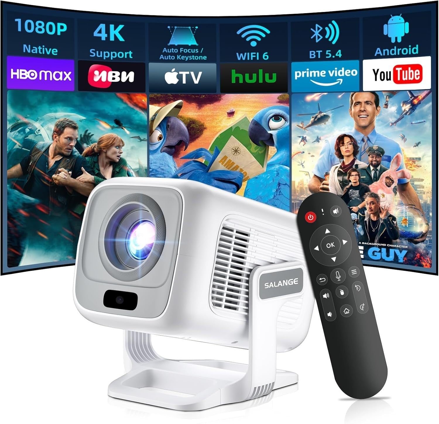 4K Smart Projector 1080P 15000L WiFi 6 Bluetooth Auto Focus