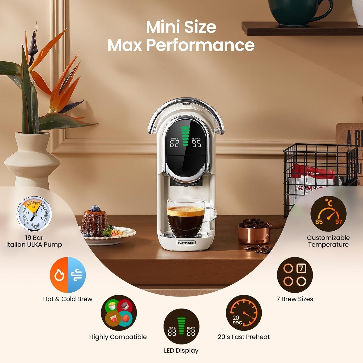 5-in-1 Pod Coffee Machine 20Bar Hot Cold Brew Mini Maker Fast Heat-Up White