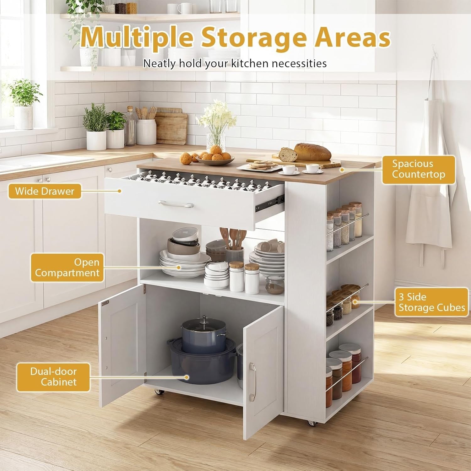White Rolling Kitchen Island Cart with Power Outlets