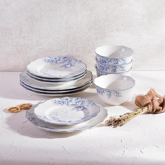 12pc White Blue Porcelain Dinnerware Set Floral Plates Bowls Service for 4