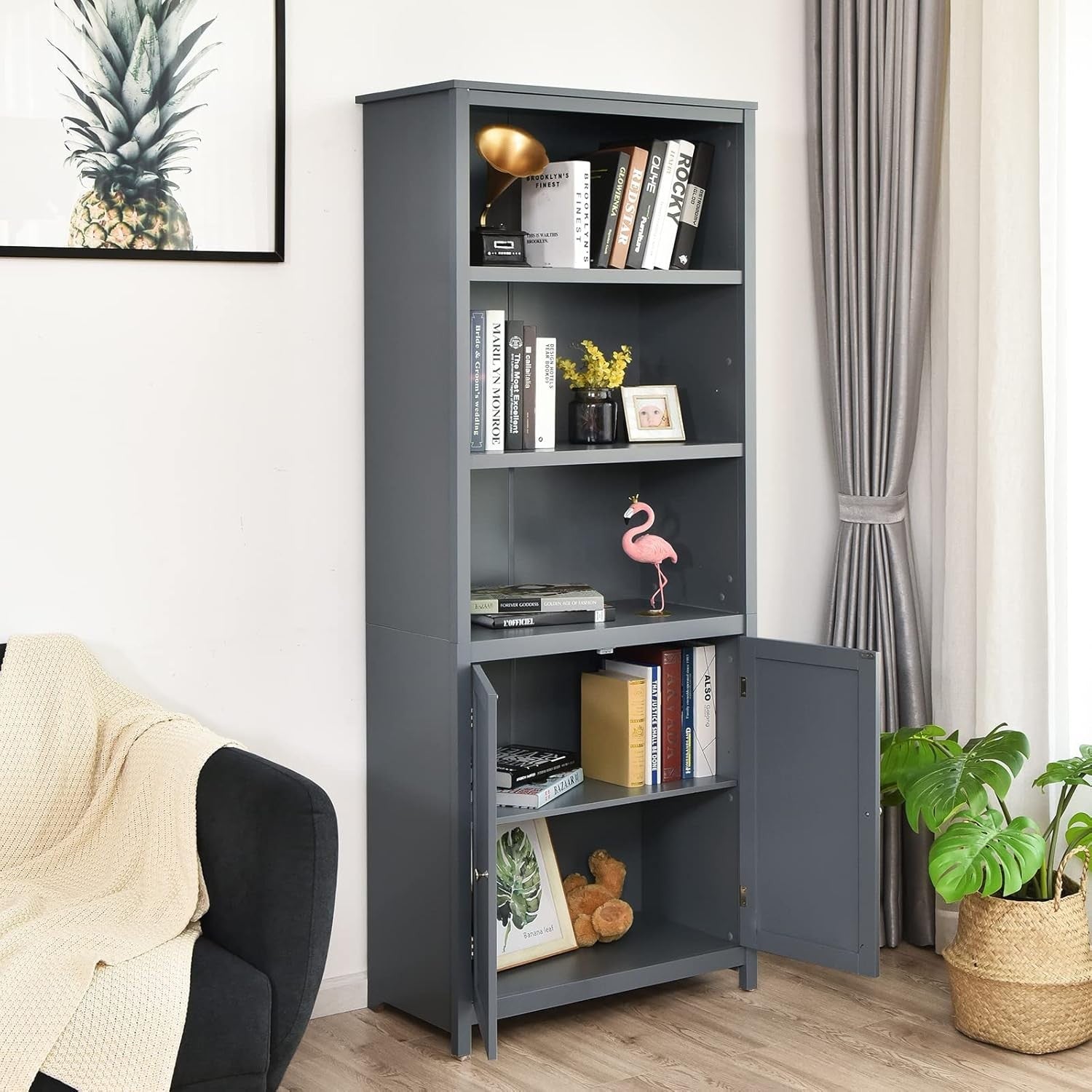 Grey 5-Tier Bookcase with Doors, Adjustable Shelves, Tall Freestanding Storage