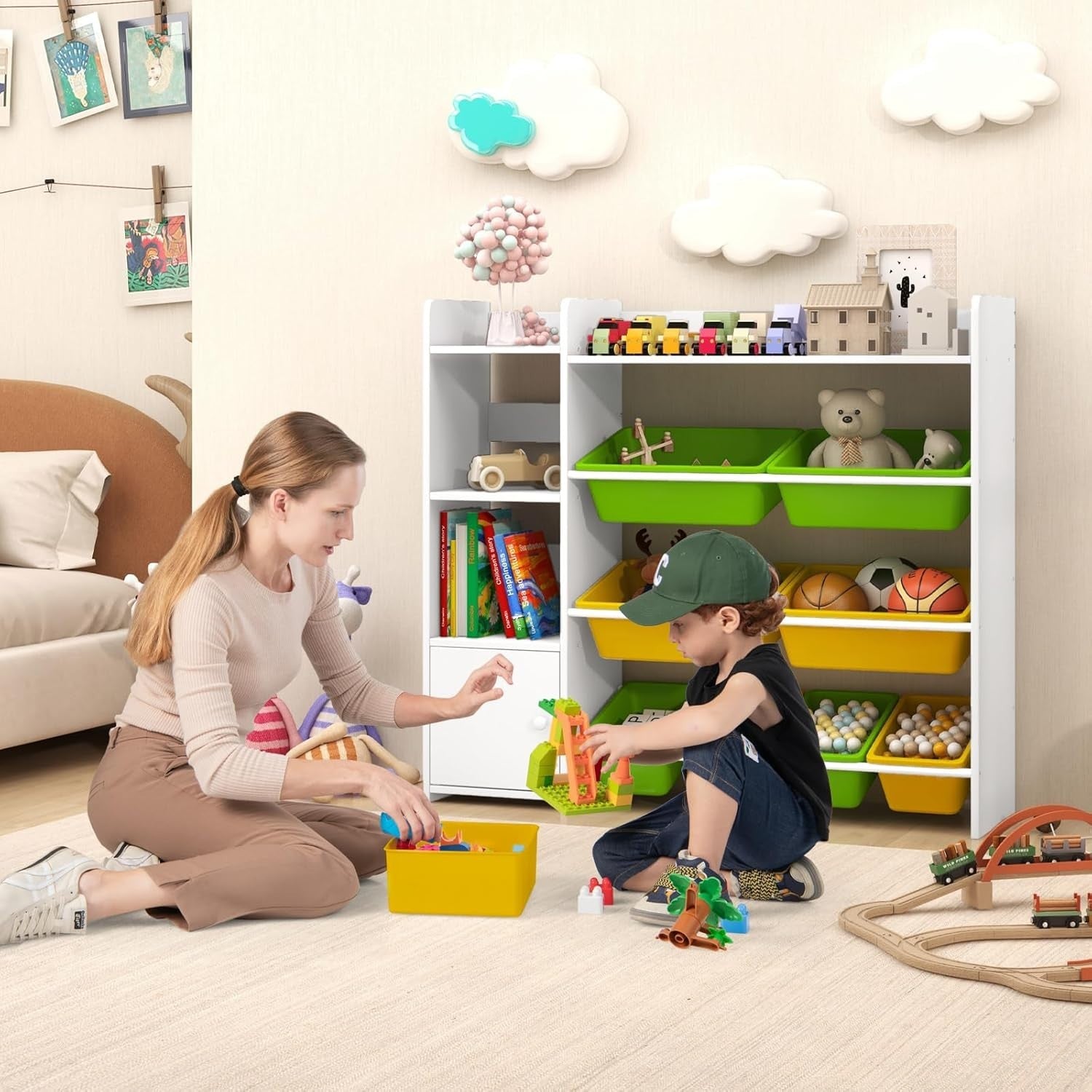 4 Tier Kids Toy Storage Organizer with Bins & Cabinet Bookshelf Unit White