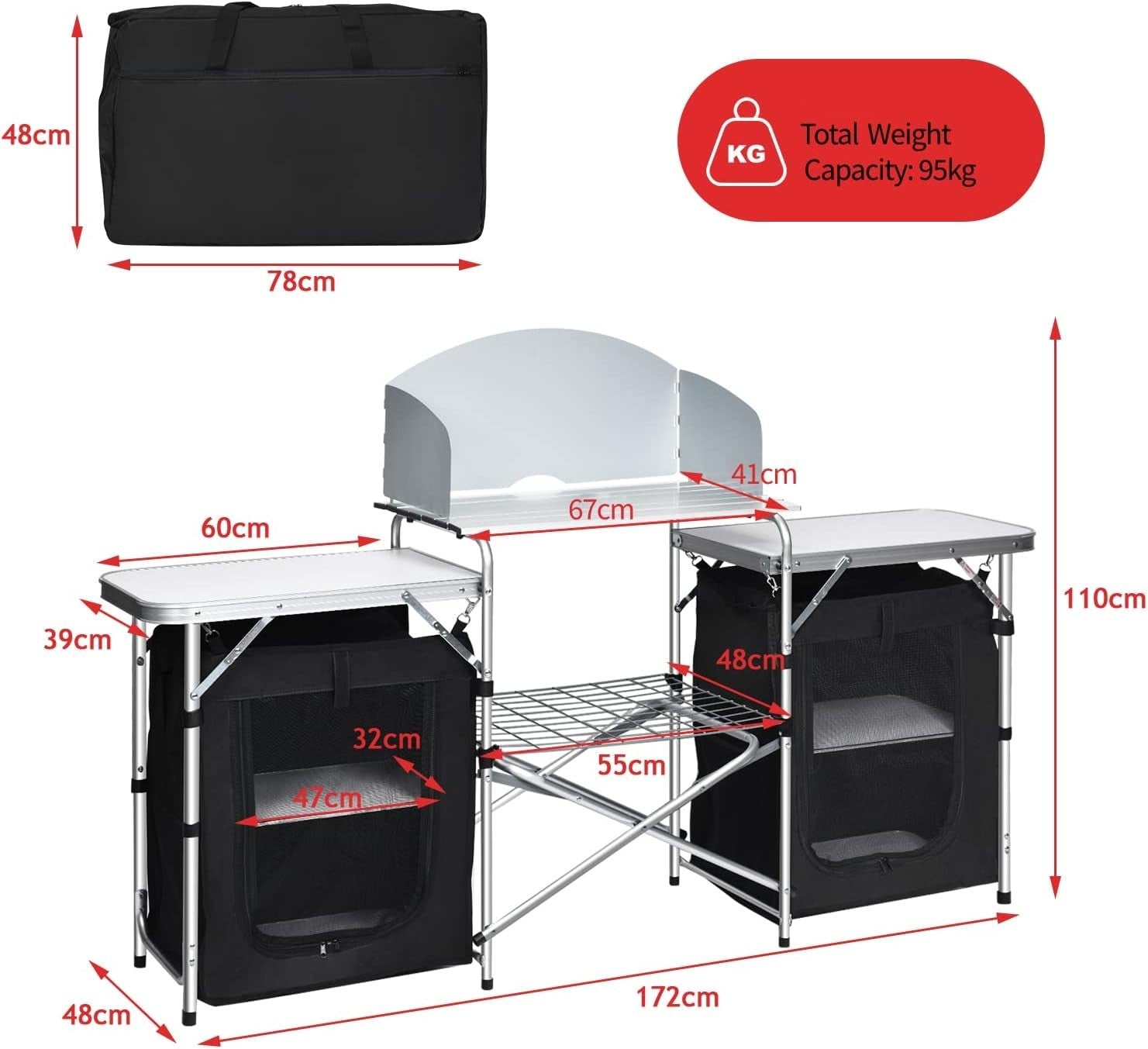Folding Camping Kitchen Table Portable Outdoor Storage BBQ Picnic 172x48x110cm