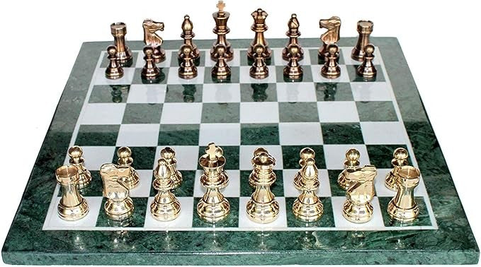 Luxury 15" Green Marble Chess Set – Inlaid Stone Board + Brass Crafted Pieces