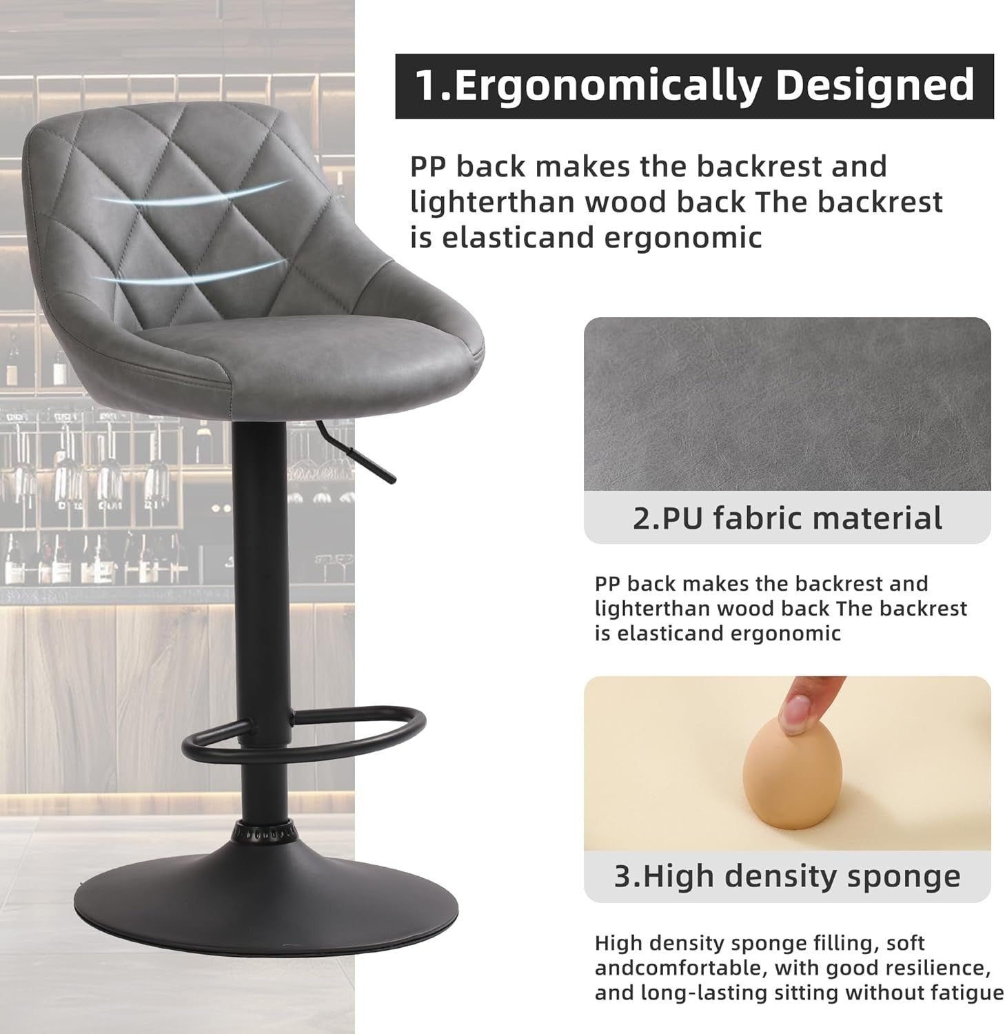 Adjustable Modern PU Leather Bar Stools with Footrest – Grey