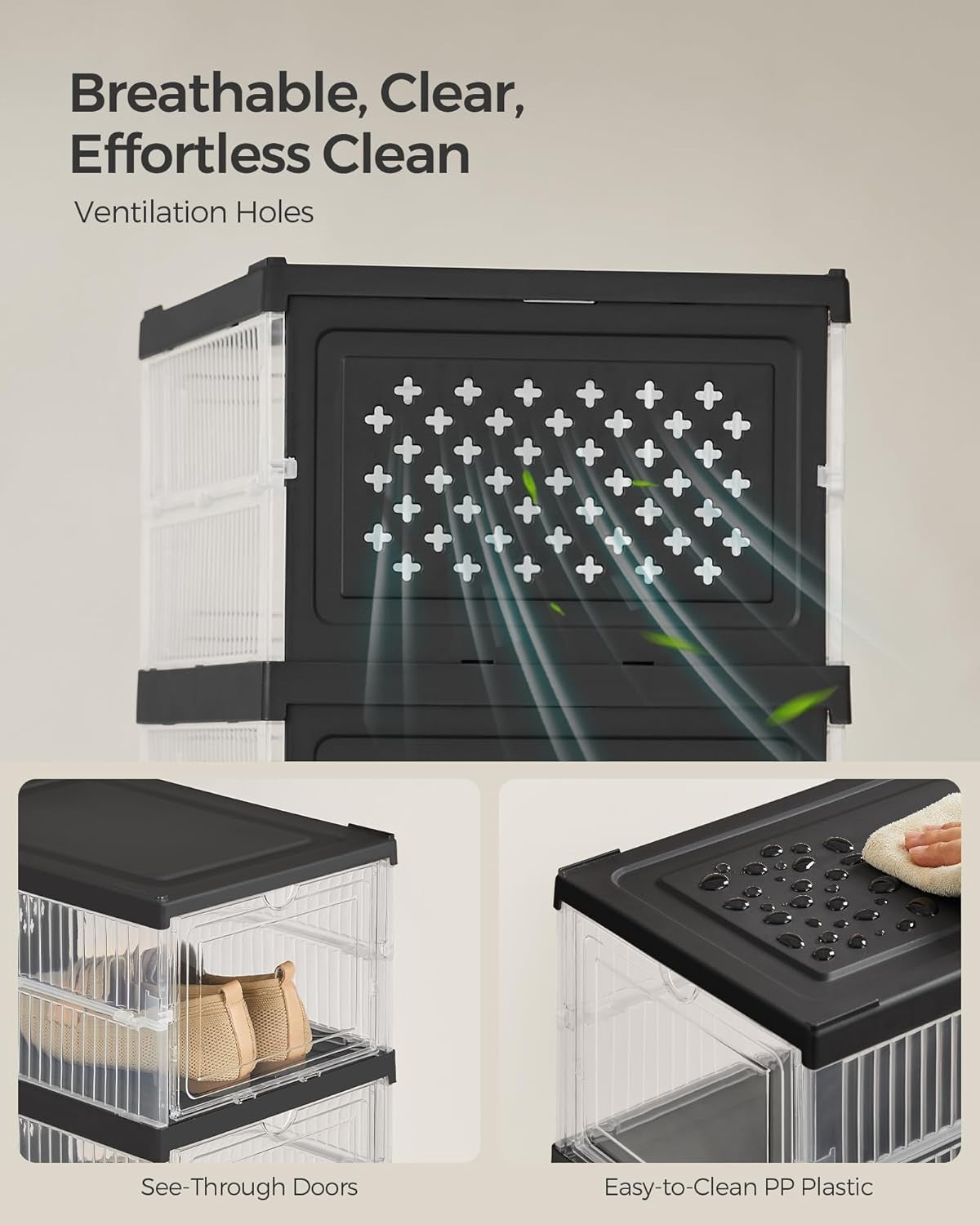 Pack of 6 Stackable Foldable Shoe Boxes Cabinet Transparent/Black 105x25x105 cm