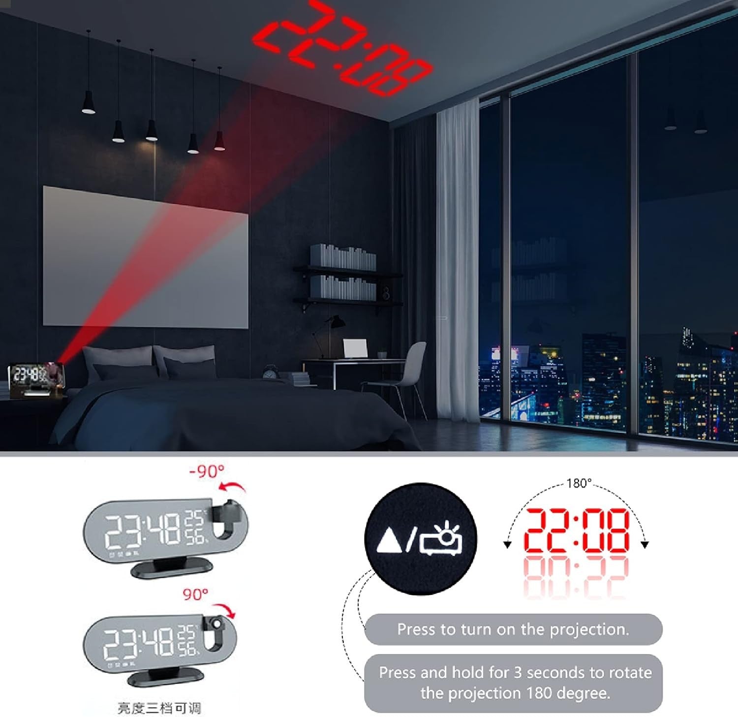 Projection Alarm Clock FM Radio 180° Ceiling Display Snooze USB LED