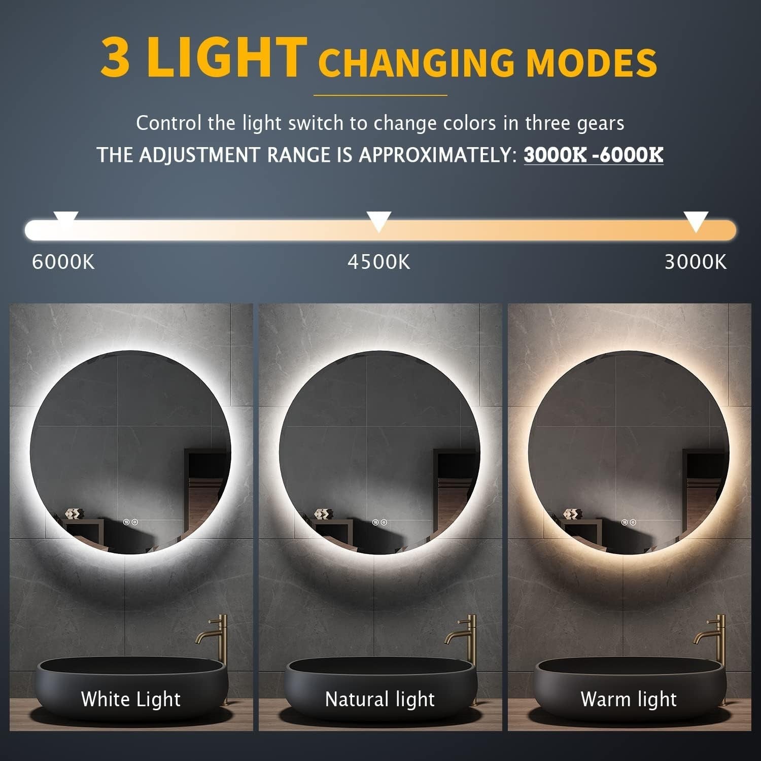 Round LED Bathroom Mirror 60cm Anti-Fog 3 Light Modes Wall Mounted Touch