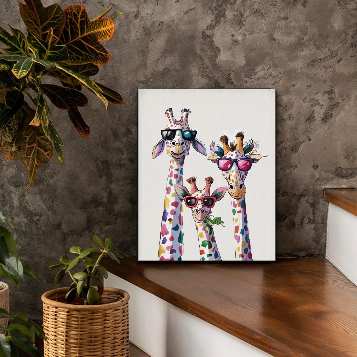 Colourful Giraffe Family Canvas Wall Art 8×10 Framed Animal Decor