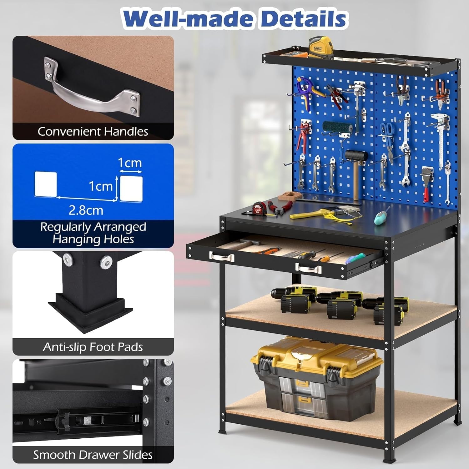 Heavy Duty Workbench 81x41x156cm Navy Pegboard Shelves Drawer 290kg Capacity