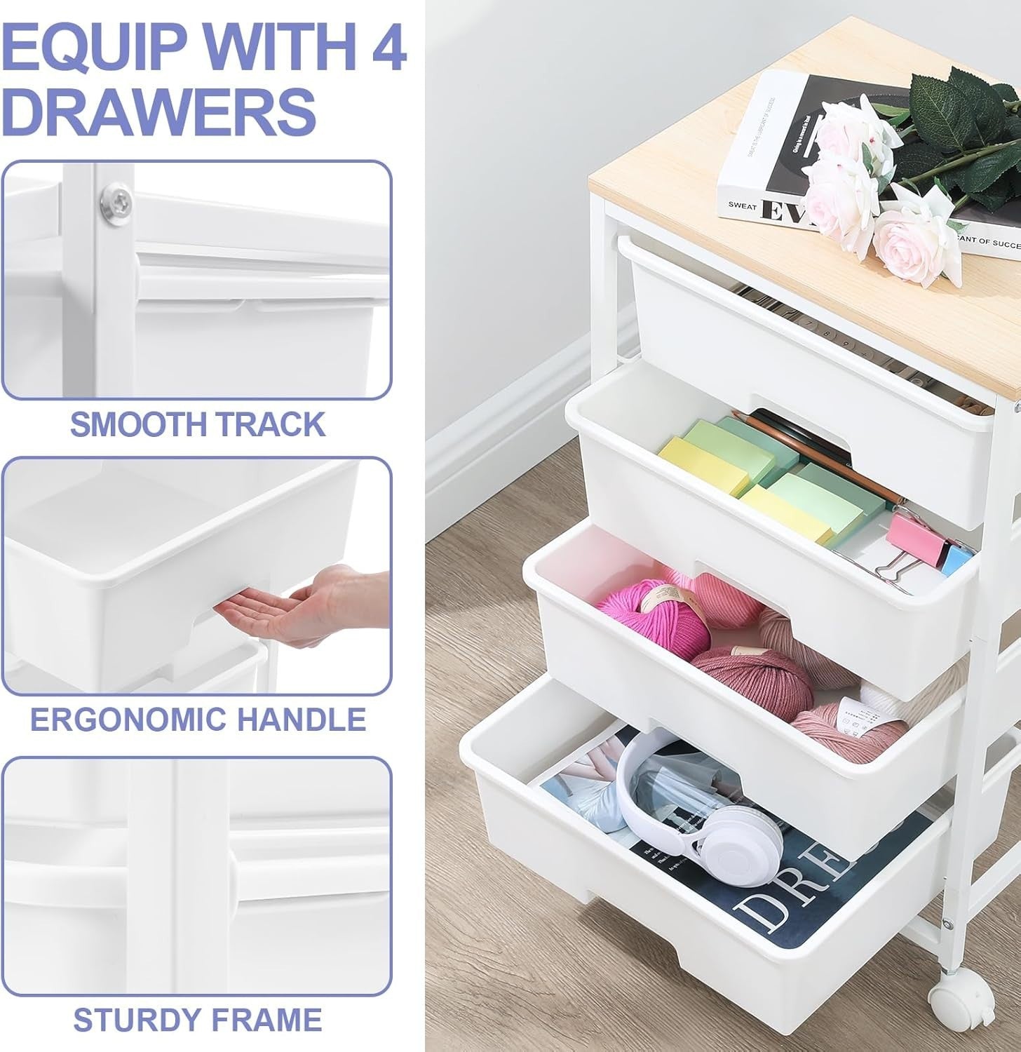 4 Drawer Rolling Storage Cart Utility Trolley Organiser Wooden Top