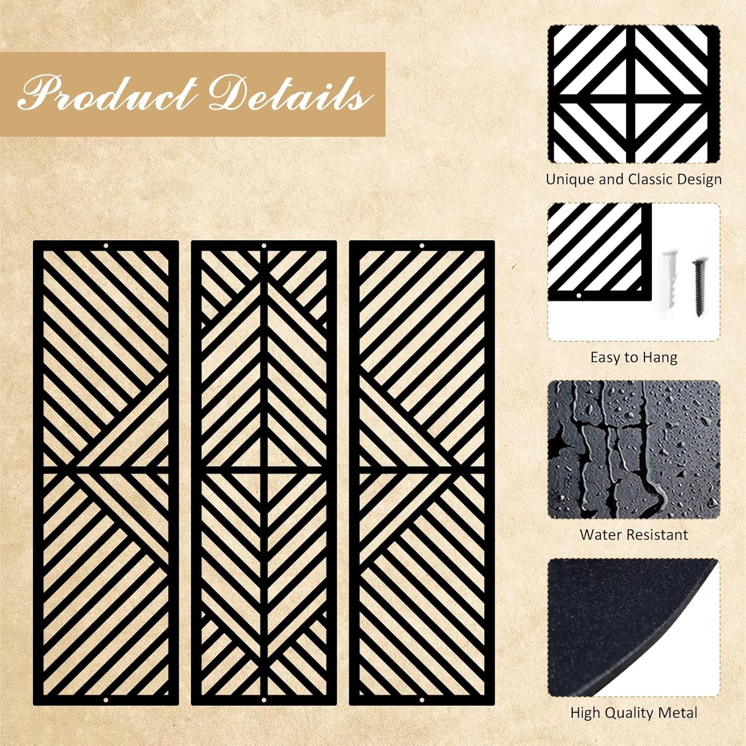 3-Piece Black Metal Wall Art Geometric Minimalist Modern Decor