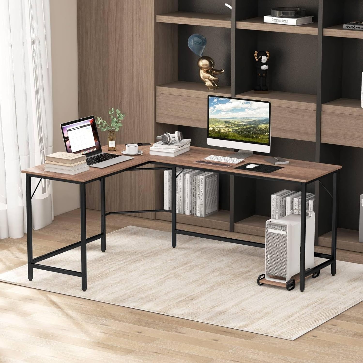 Natural L-Shaped Desk 168cm Corner Computer Table with CPU Stand Office