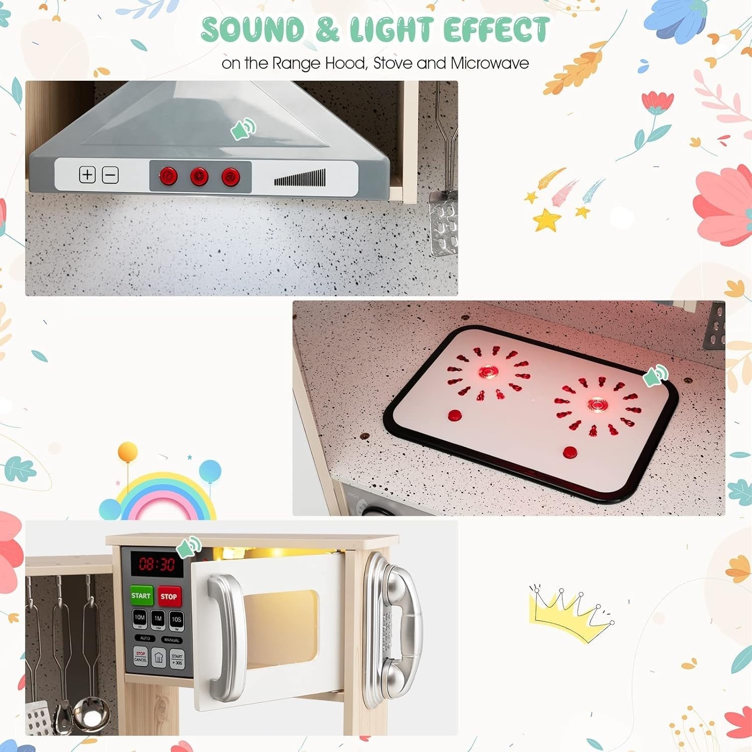 Kids Corner Wooden Play Kitchen Lights Sounds Cooking Toy Playset