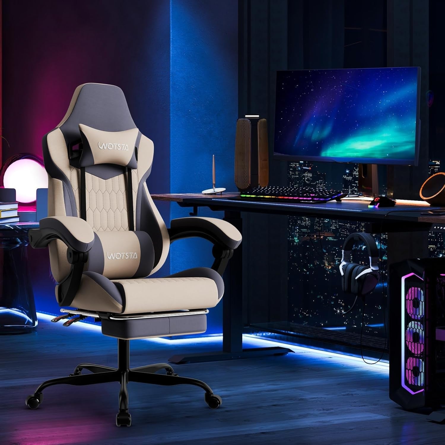 Ergonomic Gaming Chair Beige Blue w/ Footrest Lumbar