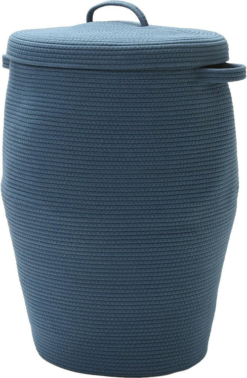 26" Tall Dark Blue Cotton Rope Laundry Basket with Lid Large Woven Storage Bin
