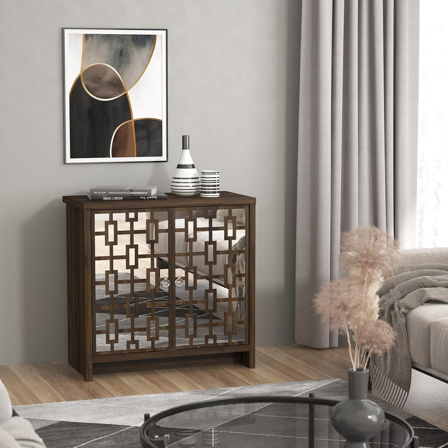 Walnut Mirrored Sideboard Cabinet 2 Door Storage Laser Cut Design